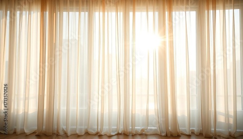 Elegant sheer curtains softly draped over a large window, sunlight streaming through,   window dressing,   interior design