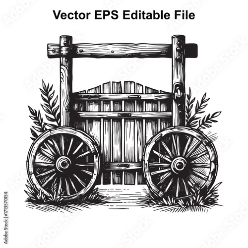 Vector art of rustic wooden gate with wagon wheels and foliage, vector illustration