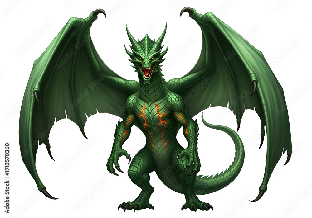 Fototapeta premium A magnificent, emerald-green dragon, with detailed scales and fiery accents, commands the image with outstretched wings against a black backdrop.