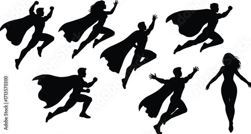 Superhero silhouettes, flying heroes, action poses, capes, comic book style, heroic figures, fantasy characters, dynamic stances, powerful icons, strength, agility, courage