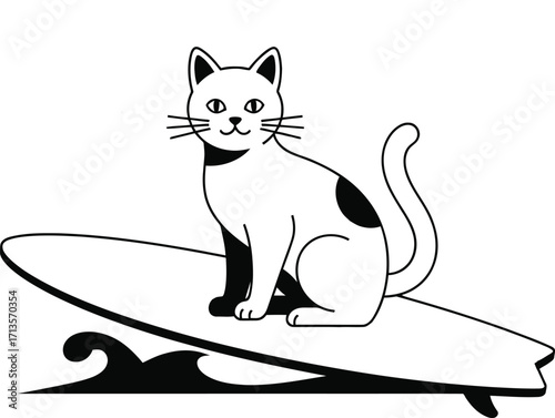Cute cat sitting on a surfboard isolated on white background
