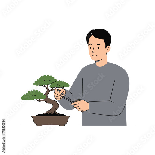 Vector art of man carefully pruning a small bonsai tree with scissors