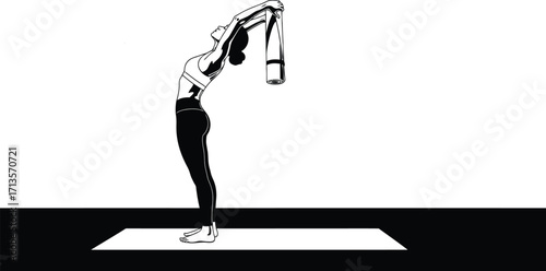 Woman doing yoga pose with dumbbell isolated on white background
