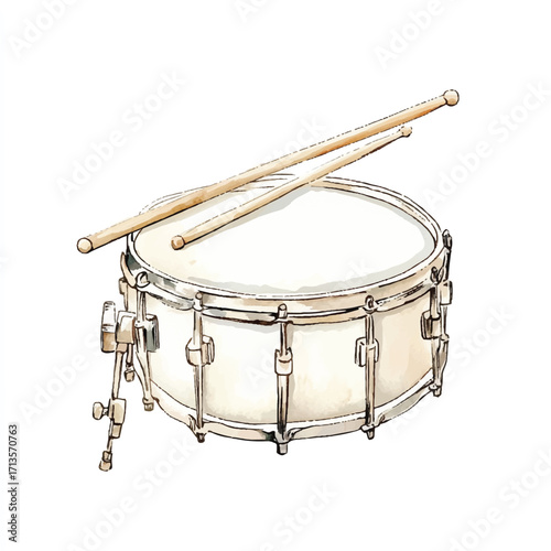 A detailed illustration of a white snare drum with drumsticks resting on top.