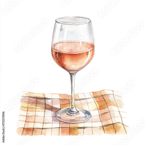 A glass of rose wine on a checkered cloth.