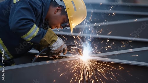 Skilled welder in protective gear working on metal structure, creating bright sparks and smoke