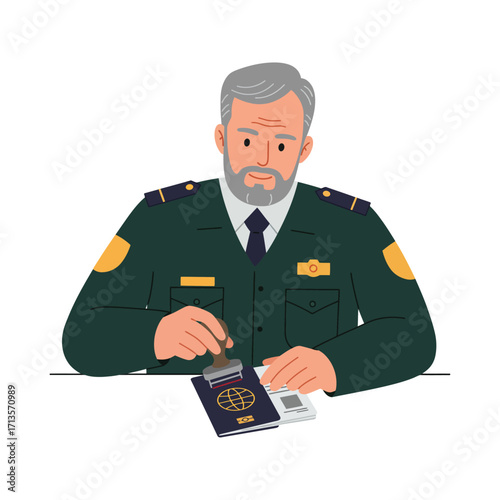 Vector art of border control officer stamping a passport with a stamp