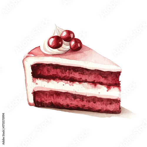 A piece of delicious red velvet cake with cream frosting and cherries.