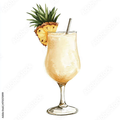 A refreshing tropical cocktail garnished with pineapple slice and leaves.