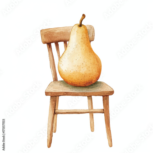 A single ripe pear rests on a rustic wooden chair.