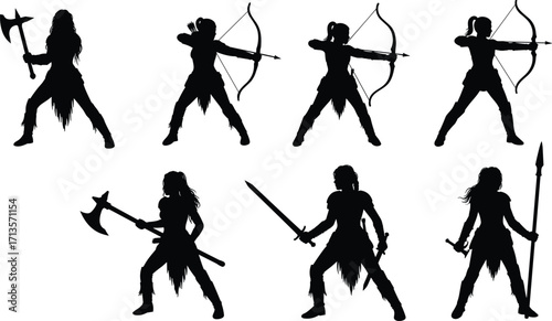 Female warrior silhouettes, battle poses, axe, bow, sword, spear, strong women fighters, combat stances, medieval weapons, fantasy art, heroic characters, black shadows