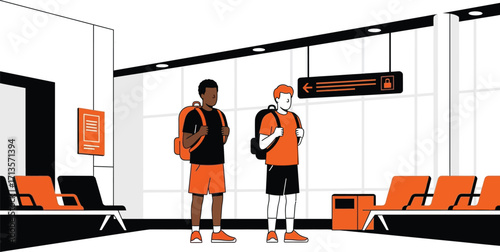 Two travelers with backpacks waiting in a modern airport terminal
