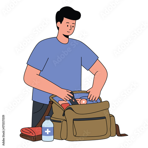 Vector art of man packing a duffel bag with travel essentials