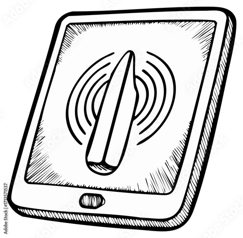 Hand-drawn illustration of a digital tablet displaying a signal indicator with a stylus