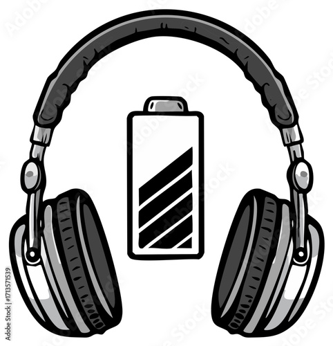 Headphones with battery power icon. Music and audio symbol.