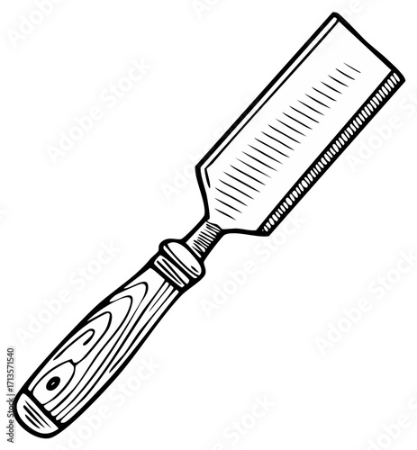 Chisel illustration, wood carving tool, with wooden handle, hand-drawn style