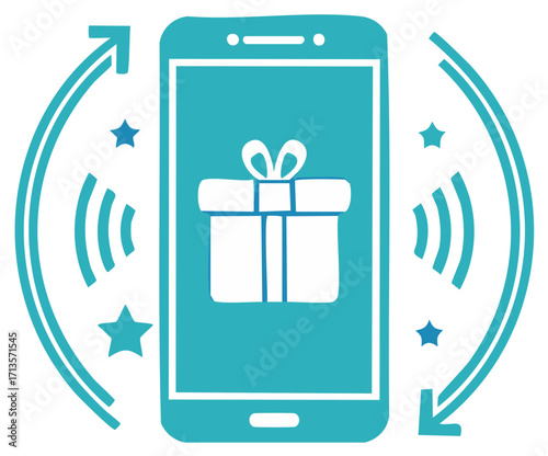 Smartphone displaying a gift box with radiating waves and stars