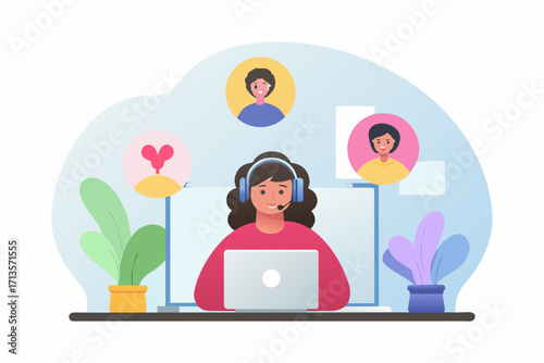 Customer service representative wearing headset and smiling while working on laptop with video calls from clients
