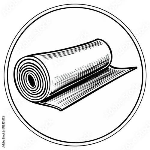 Rolled Mat Icon Symbol Illustration Black and White Graphic, Rolled up, Exercise Mat, Round Frame