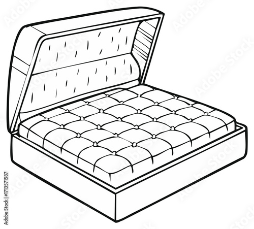 Open Tufted Mattress Displayed in a Box Spring Bed Frame Line Drawing