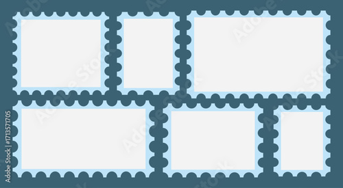 Postage stamp template collection. Jagged wavy edge forms border collection PNG . Blank rectangle and square postage stamps. Vintage objects for poster, banner, badge, sticker. Vector  illustration.