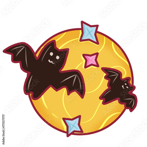 Halloween night moon with bats illustration
