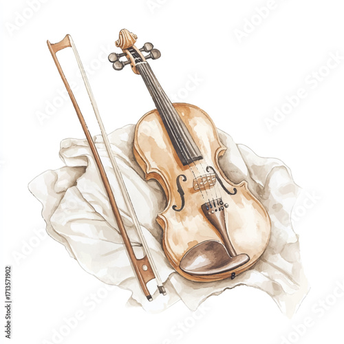 Acoustic Violin and Bow Resting on White Fabric.