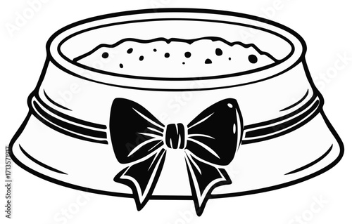 Bowl of Animal Food Decorated with a Bow Outline Vector Graphic