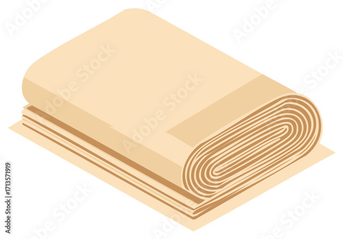 Isometric view of beige rolled textiles or fabric, textile industry concept for garment factories and fashion designers