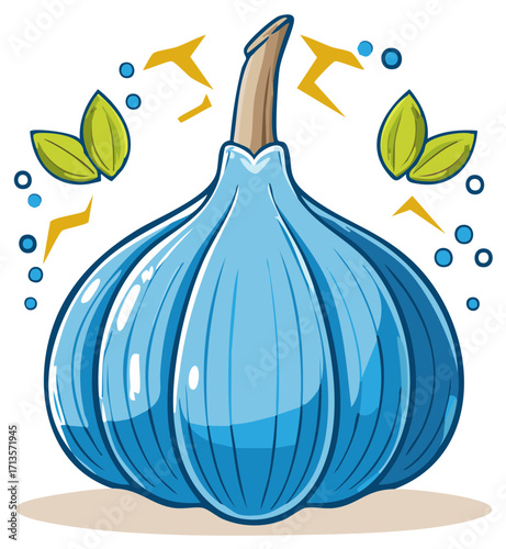 Cartoon Blue Garlic Bulb with Leaves and Sparks as Food Ingredient