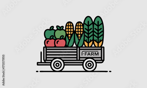 A stylized farm cart overflowing with fresh apples corn and leafy vegetables.
