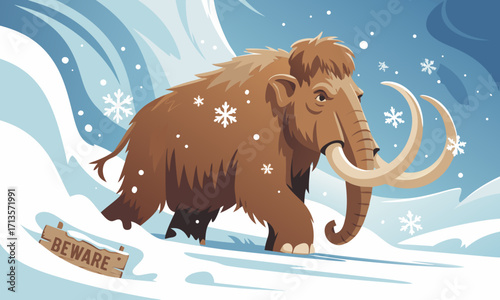 A woolly mammoth with large tusks stands in a snowy landscape with a Beware sign.
