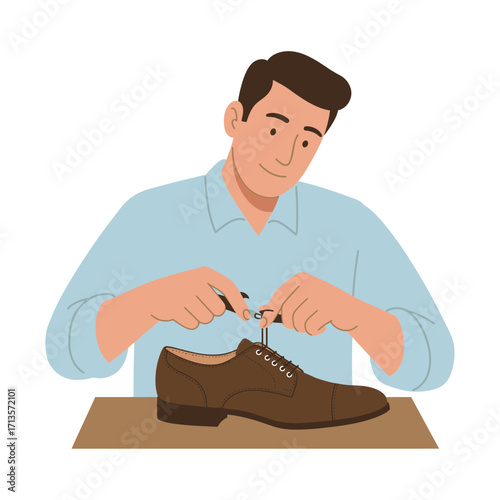 Vector art of man lacing up brown oxford shoe