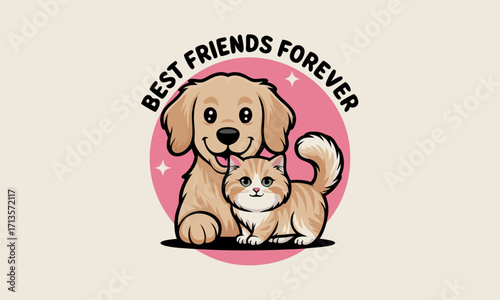 Adorable cartoon dog and cat friends forever illustration.