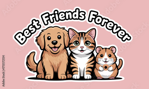 Adorable cartoon dog cat and hamster friends forever illustration.