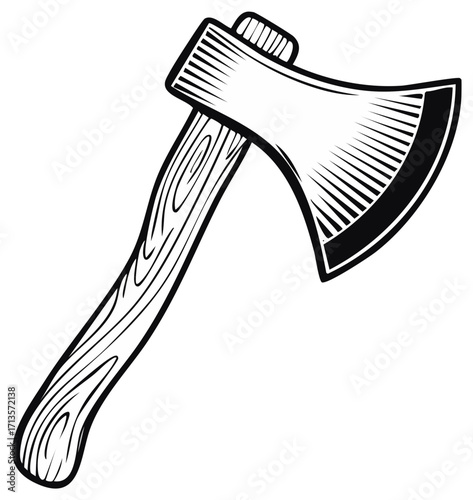 Vintage woodcutting axe illustration with a wooden handle and sharp metal blade, black and white graphic.