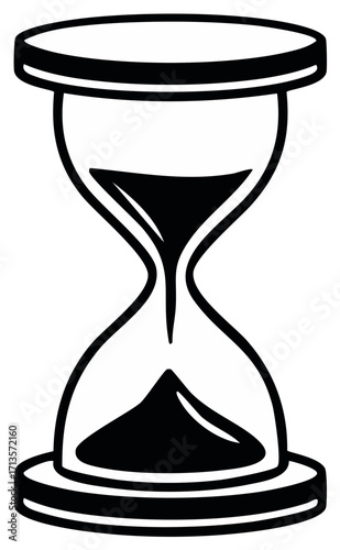 Black and white hourglass illustration, sand flowing, time concept.