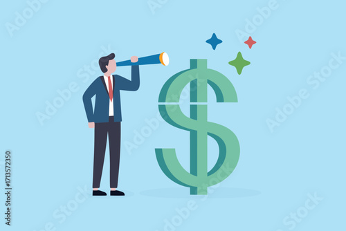 Businessman with telescope looking at large dollar sign symbolizing financial future and investment opportunities