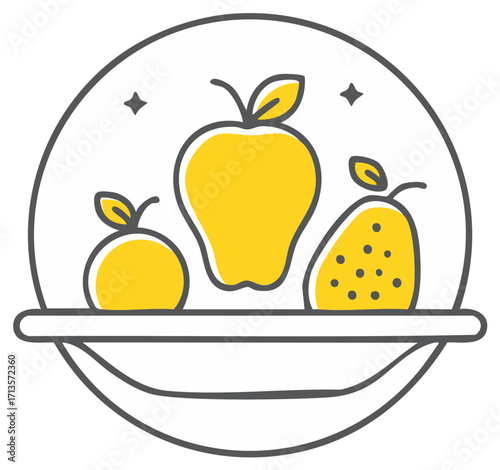 Simple line art icon of a fresh fruit bowl with apple pear and citrus