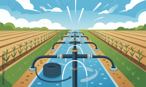 Agricultural irrigation system watering young crops in a field.