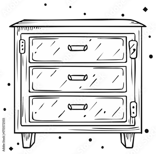 Antique three drawer dresser in black and white illustration for home storage and rustic furniture style in vintage drawing design