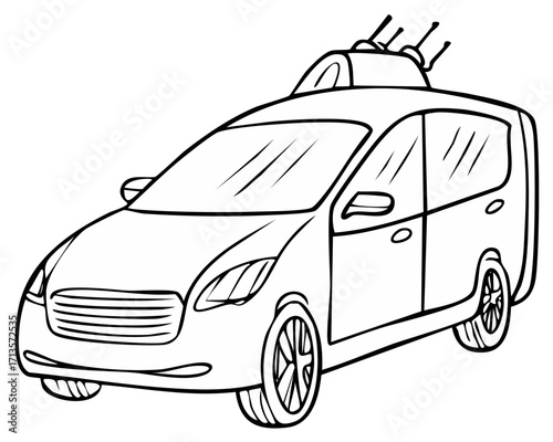 Monochrome illustration depicts passenger van with antennae on roof for telecommunications or research purposes, line art drawing, illustration