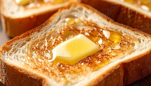 Delicious golden brown toast with melting butter and honey.