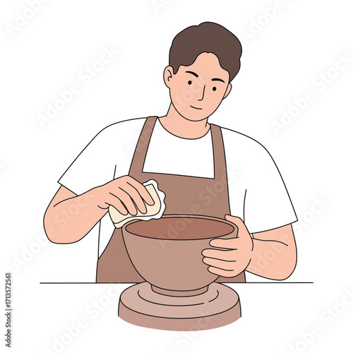 Vector art of young man wearing an apron, carefully shaping a clay pot on a pottery wheel with a sponge