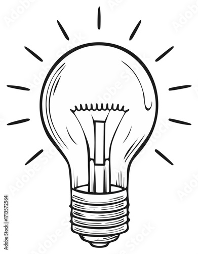 Light Bulb Idea Sketch With Radiating Glow Line Art Illustration