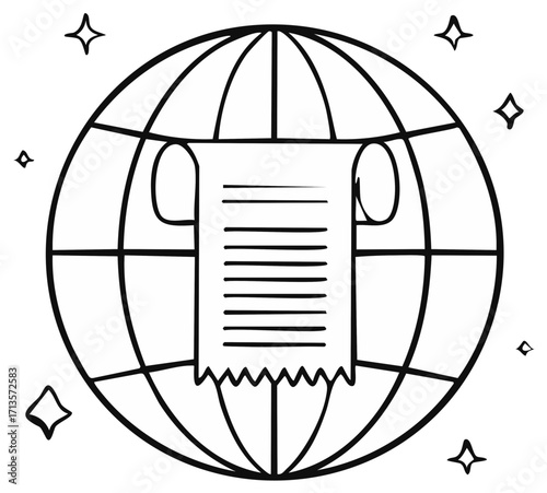Globe grid with document and stars, vector sketch illustration for international data sharing