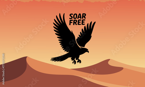 Black silhouette of a soaring eagle above desert dunes with text.