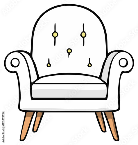 Cartoon upholstered armchair with tufted back and wooden legs