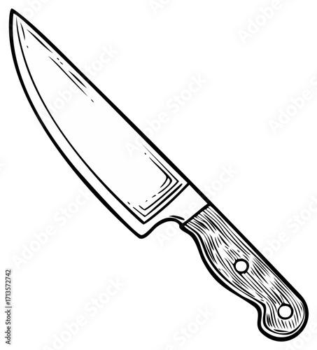 Hand drawn illustration of a kitchen knife, a culinary tool with a wooden handle.