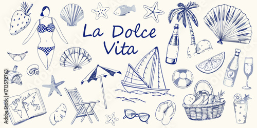 La dolce vita hand drawn sketch collection of summer beach vacation elements and tropical lifestyle